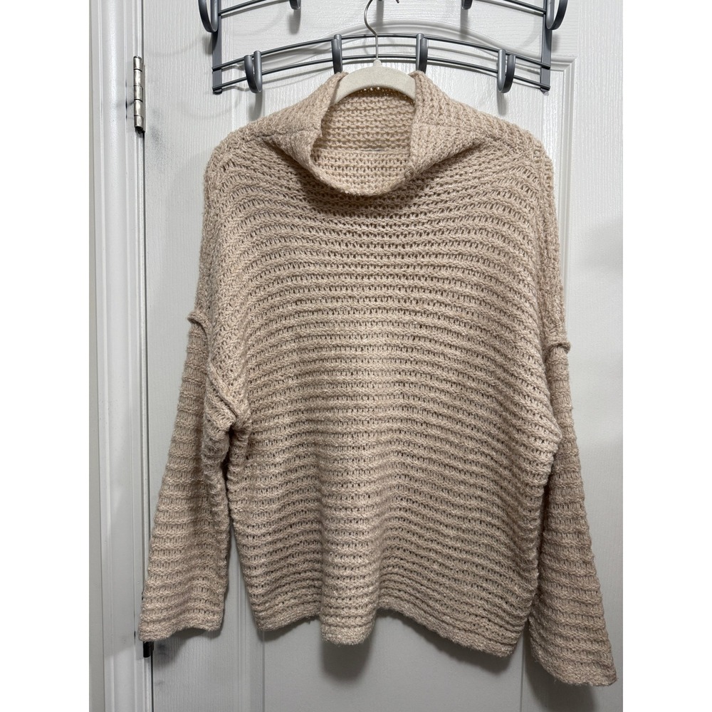 Aerie Womens M Oversized Mock Neck Chunky Knit‎ Sweater Oatmeal Beige Wool Blend